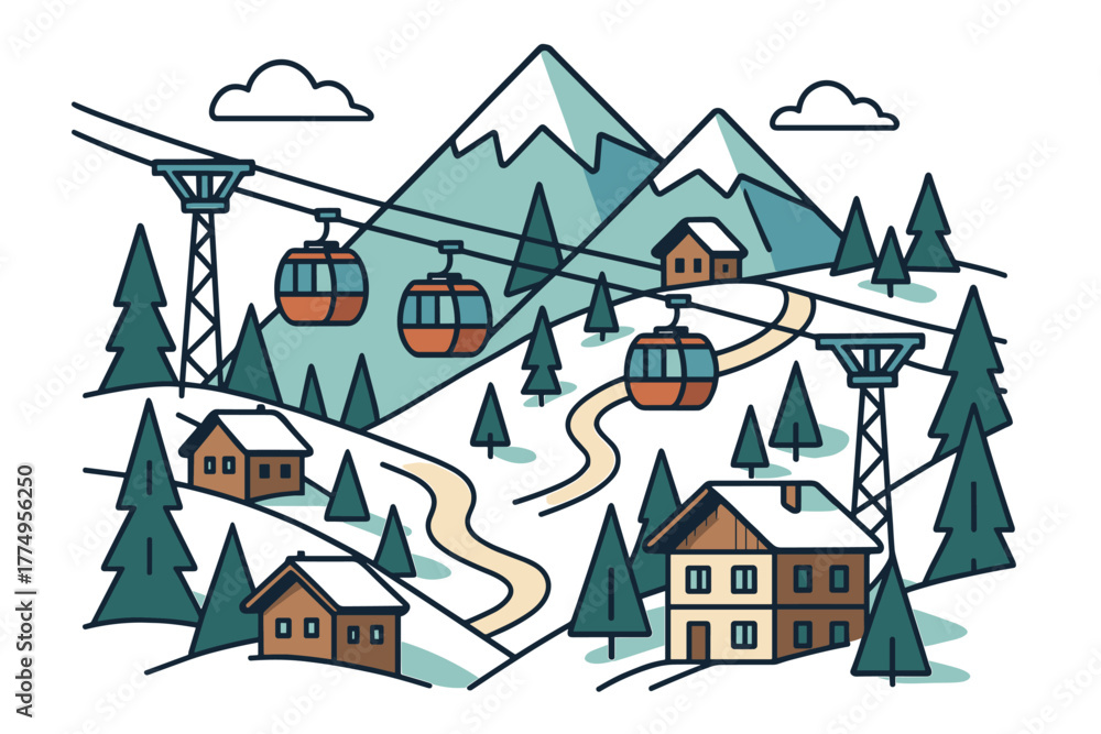 Naklejka premium Winter mountain scene with cable cars and snowy cabins in flat style
