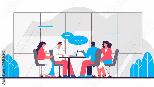 A diverse team of colleagues collaborating in a modern office conference room, discussing business strategy and sharing creative ideas for a new project