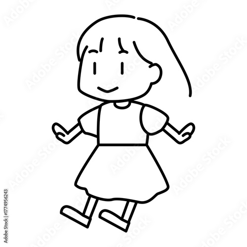 横向きの笑顔の女の子キャラクターの白黒線画ベクターイラスト