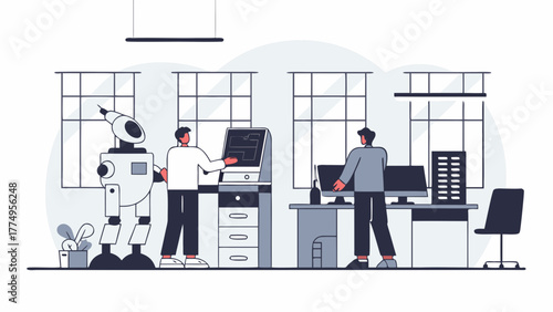 Illustration of engineers and a humanoid robot working together in a high-tech lab, developing artificial intelligence for automation