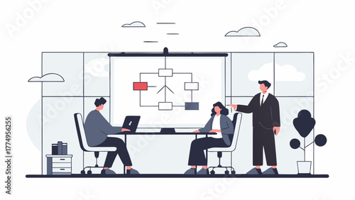 Business team collaborating in a modern office meeting room, with a speaker presenting a strategic flowchart diagram on a projector screen for project planning