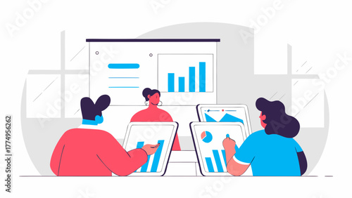 Team of business analysts collaborating on a data-driven strategy, reviewing financial reports and statistics on digital tablets