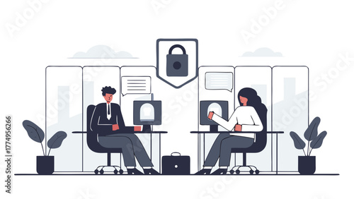 Concept of corporate data security with business people working on computers in a modern office under digital protection