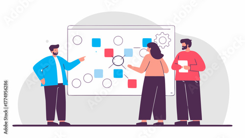 Business team collaborating on a strategic project, with colleagues analyzing a workflow diagram on a large board during a meeting