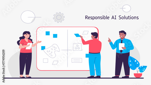 Team of diverse professionals collaborating on a whiteboard, developing innovative and ethical artificial intelligence strategies for business