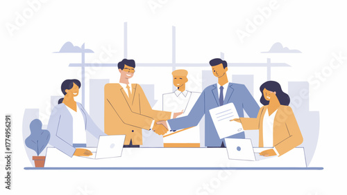 Successful business deal concept showing a professional team shaking hands after signing a contract, celebrating a new partnership