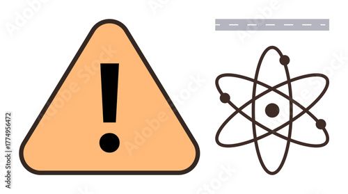 Triangular warning sign with exclamation mark, atomic structure, and dashed line conveying caution. Ideal for safety, science, labs, industry, physics energy and hazard awareness. A simple flat