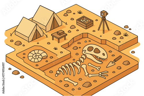 Isometric fossil dig site with dinosaur skeleton and archaeology tents