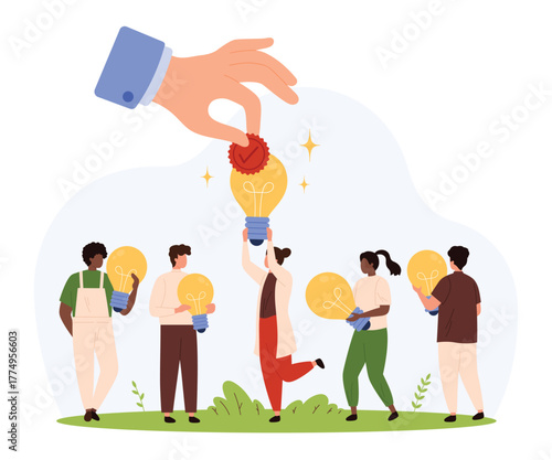 Diverse team holding glowing light bulbs, one person receiving award for best idea, symbolizing recognition, creativity, achievement, and workplace success isolated vector illustration