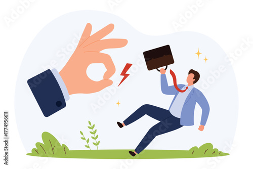 Corporate hand flicking businessman away with briefcase and lightning bolt symbolizing job loss, business failure, unemployment, workplace crisis, flat isolated vector illustration