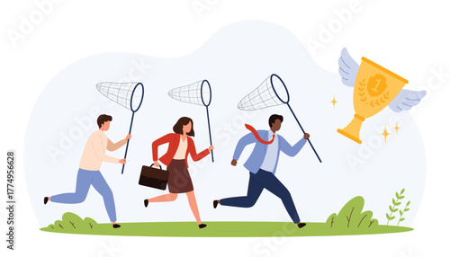 Three business people run with nets trying to catch a flying golden trophy with wings, symbolizing competition, ambition, and pursuit of success isolated vector illustration