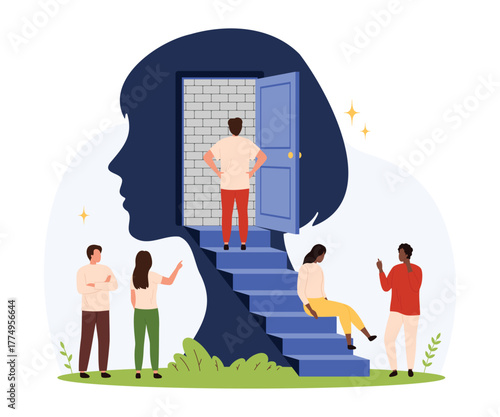 Group of diverse people encounter a blocked doorway inside a human head silhouette, symbolizing closed mindset, mental barriers, and lack of openness isolated vector illustration