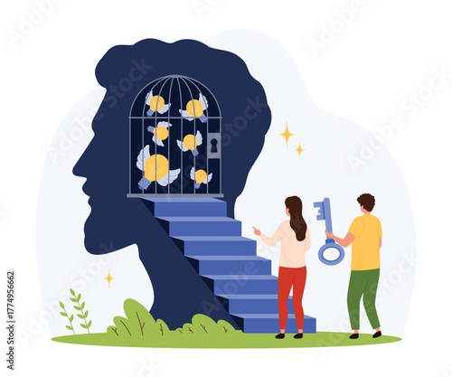 People holding a key approach a staircase leading to a human head silhouette with caged flying lightbulbs, symbolizing unlocking creativity and overcoming mental blocks isolated vector illustration