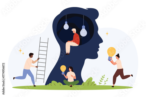 Tiny people with light bulbs around a large head silhouette, symbolizing creative block, burnout, mental fatigue, and the search for new ideas in a flat isolated vector illustration