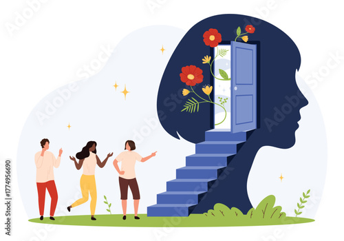 Group of people approach stairs leading to open door inside human head silhouette with blooming flowers symbolizing growth, creativity, and new opportunities isolated vector illustration