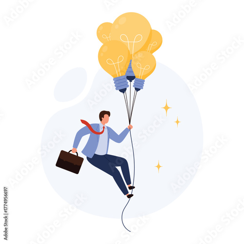 Businessman holding briefcase rises with light bulb balloons symbolizing creative ideas, innovation, and ambition in business success, flat style isolated vector illustration