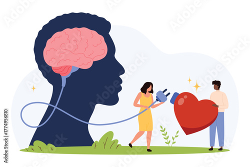 Human brain silhouette with cable connecting to heart symbol, people demonstrating emotional intelligence, empathy, mental health, self-awareness, flat style isolated vector illustration