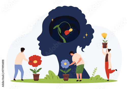 People caring for flowers around a human head silhouette symbolizing mental health support, emotional growth, and psychological healing in a flat style isolated vector illustration