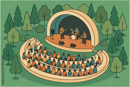 Outdoor concert in forest amphitheater with band performing to enthusiastic audience in scenic nature