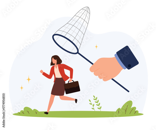 Female employee running from giant hand with net, symbolizing workplace discrimination, exploitation, power imbalance, and unfair treatment in corporate environment isolated vector illustration