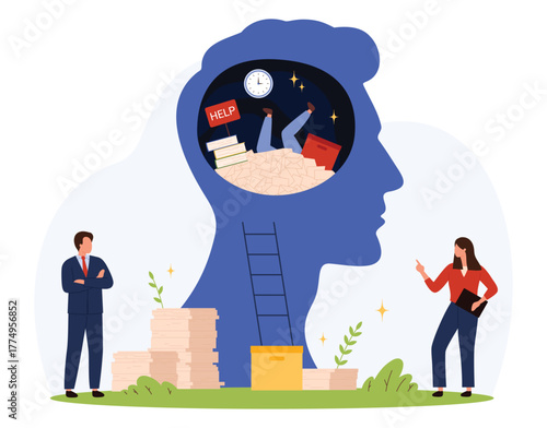 Business people overwhelmed by paperwork, deadlines, and stress inside a human head silhouette, symbolizing workplace burnout, exhaustion, and mental overload isolated vector illustration