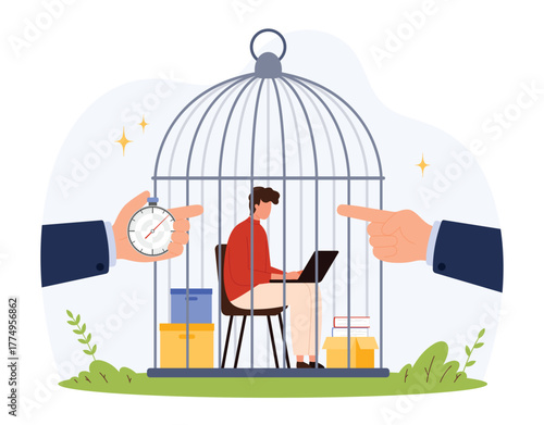 Depicts stressed office worker inside birdcage with laptop, surrounded by boxes, stopwatch, and pointing hand, symbolizing pressure, control, and exploitation isolated vector illustration