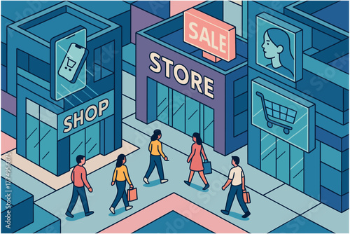 Isometric city shopping scene with storefronts and walking people