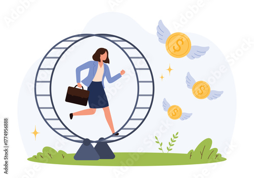 Female office worker running in a hamster wheel with flying coins escaping, representing struggle, burnout, and low income in modern corporate life isolated vector illustration