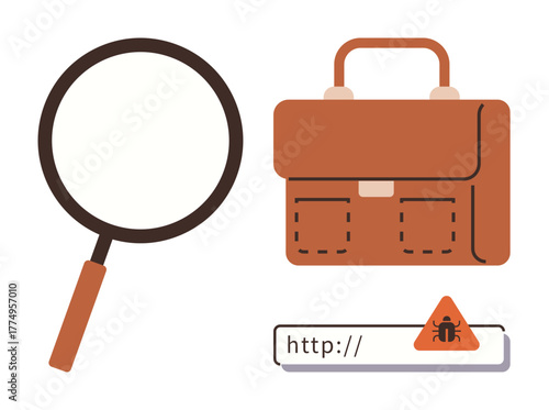 Magnifying glass, brown briefcase, and malware alert in URL bar signify cybersecurity, business risk, and online threat detection. Ideal for technology, safety, research, AI business and education