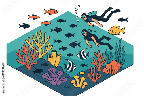Isometric underwater adventure with scuba divers exploring vibrant coral reefs and marine life