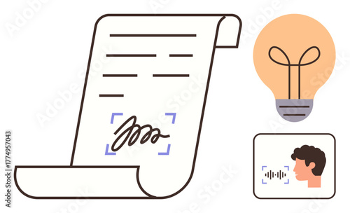 Signed legal document with handwritten signature, lightbulb representing ideas or innovation, person speaking with voice recognition. Ideal for technology, law, paperwork, creativity, innovation