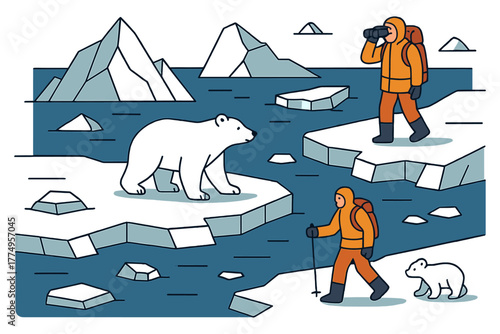 Polar exploration adventure with adventurers and polar bears in arctic landscape