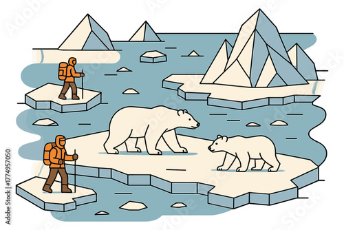 Arctic adventure: polar bears and hikers on icebergs in nature landscape