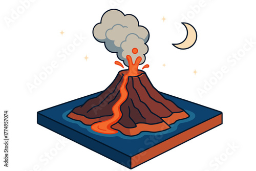 Isometric volcano erupting with lava and smoke at night under moonlight