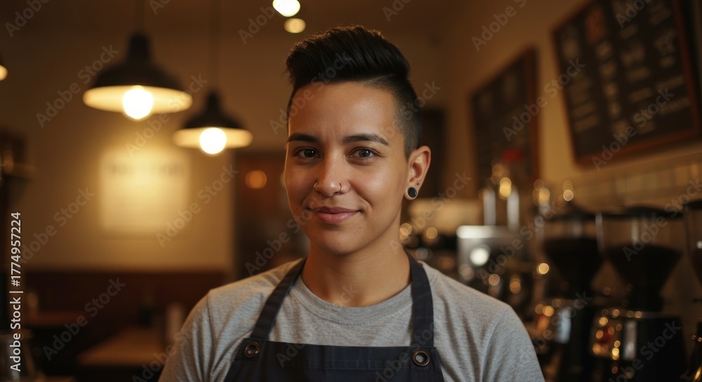 Fototapeta premium Warmly Lit Portrait of a Confident Barista in a Coffee Shop