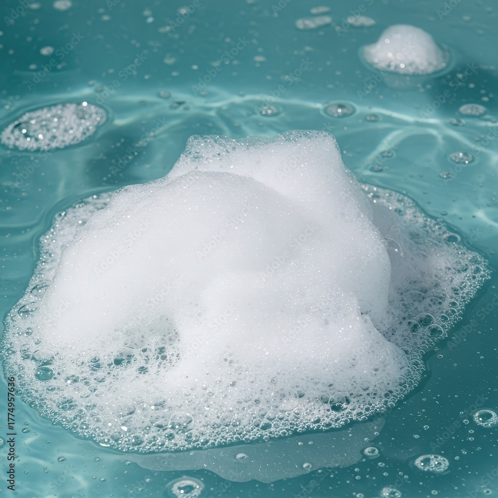 Fototapeta premium Luxurious white foam and airy bubbles floating on the surface of clear, warm bath water, evoking feelings of relaxation and spa treatment, skincare, freshness, warm