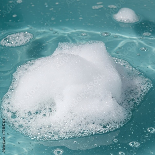 Luxurious white foam and airy bubbles floating on the surface of clear, warm bath water, evoking feelings of relaxation and spa treatment, skincare, freshness, warm