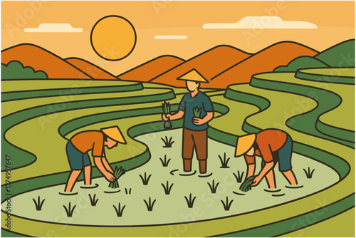 Farmers cultivating rice in scenic terraced fields at sunset