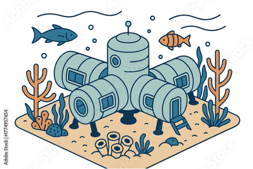 Futuristic underwater habitat with fish and coral in isometric style