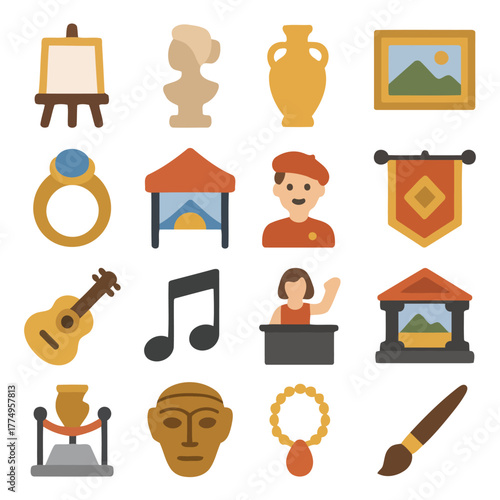 Artistic Elements and Cultural Symbols: A collection of various artistic elements and cultural symbols, offering a glimpse into the creative arts, representing art forms and heritage.