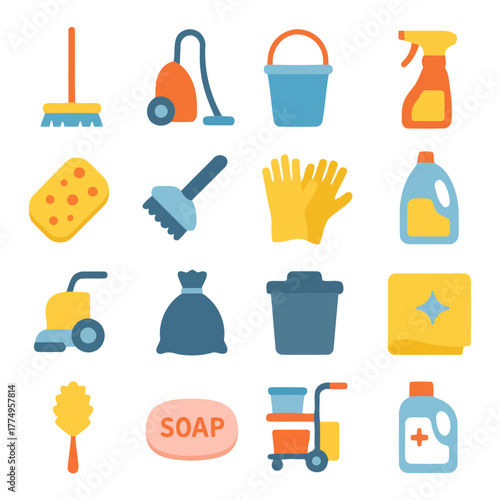 Cleaning Supplies Icon Set: A vibrant collection of cleaning supplies arranged in an organized grid, showcasing essential items for maintaining a pristine and tidy environment.