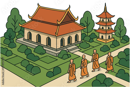 Monks walking in tranquil garden with traditional buddhist temple and pagoda