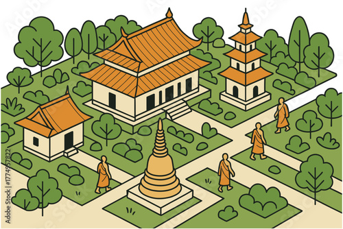 Isometric buddhist temple complex with monks in traditional garden