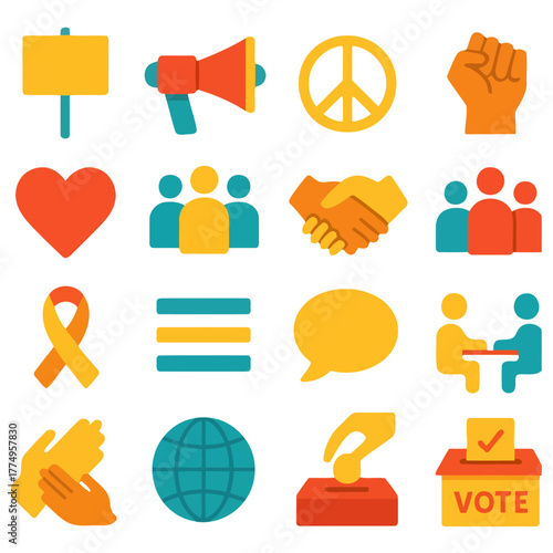Unity and Social Symbol Set: A collection of diverse and impactful icons representing community and cooperation, ideals for promoting unity and social harmony.