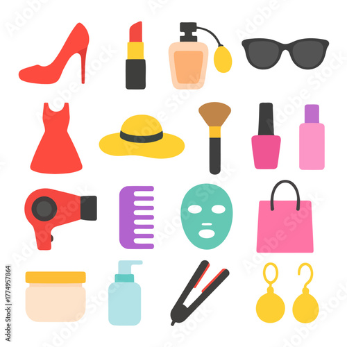 Glamour Essentials: A curated collection of beauty and fashion accessories, including high heels, lipstick, perfume, sunglasses, dress, hat, brush, nail polish, lotion, hair dryer, comb, face mask.
