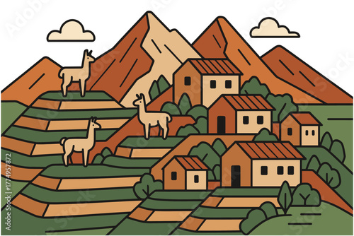 Mountain village with llamas and terraced fields in linear pastel style