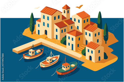 Charming mediterranean coastal village with boats in isometric style