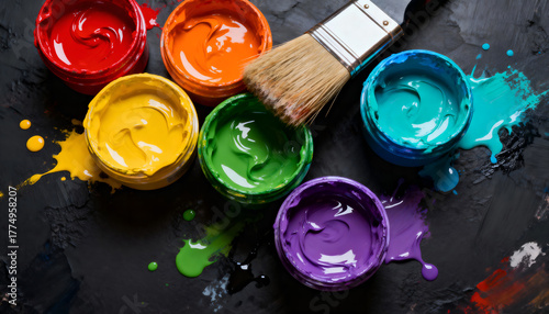 A highly detailed, flat lay art composition showcasing open, colorful paint pots and a paintbrush against a textured dark background.
