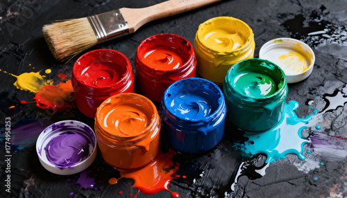 A highly detailed, flat lay art composition showcasing open, colorful paint pots and a paintbrush against a textured dark background.