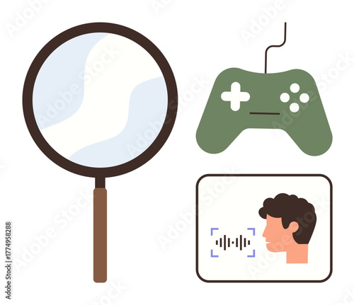 Magnifying glass, gaming controller, and face with voice recognition lines represent research, gaming, and technology. Ideal for investigation, gaming, AI, voice tech innovation education simple